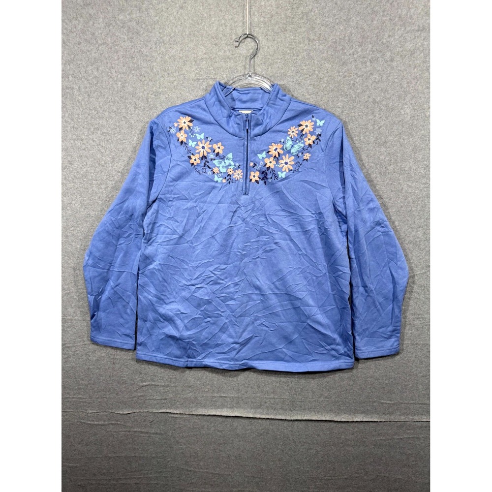 Blair Sweater Floral Detail Embroidered Half Zip Pullover Womens Blue Medium